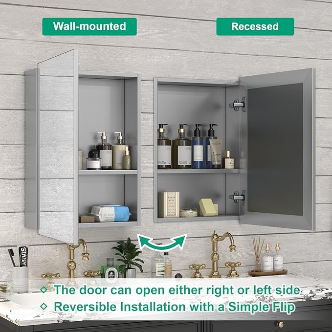 20 x 26 Farmhouse Medicine Cabinet for Bathroom, Silver Bathroom Mirror with Storage, Tempered Glass, Frameless Recessed or Wall Mount Aluminum Medicine Cabinet - Pre-Assembled