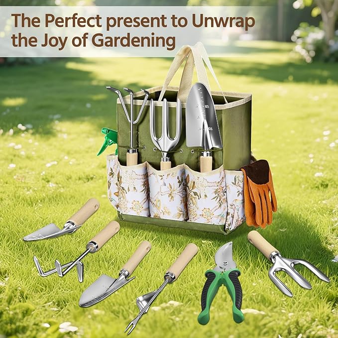 LASZOLA 9 Pcs Garden Tools Set with Tote Bag and Hand Trowel Rake Shovel, Heavy Duty Stainless Steel Gardening Kit for Outdoor Plant, Standable Portable Handbag Organizer, Ideal for Women Mom, Green