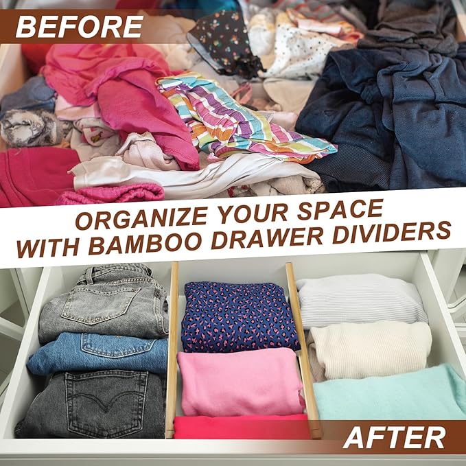 4 Pcs Deep Bamboo Drawer Dividers, Deep Kitchen Dresser Drawer Organizer with Spring Loaded for Clothes, Adjustable Expandable from 15-22 Inch(6 Inch,Wood Color)