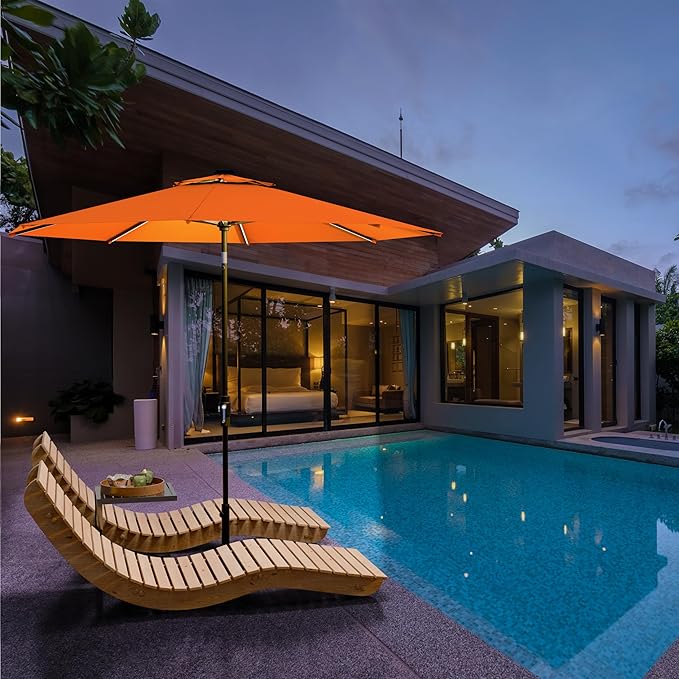 Midtown Umbrellas The LED Swilt 10 Feet Patio Umbrella With Sunbrella Canvas Tuscan Acrylic Fabric - Auto-Tilt Aluminum Frame With LED Lights For Backyard, Deck, Garden, Pool - Black Pole