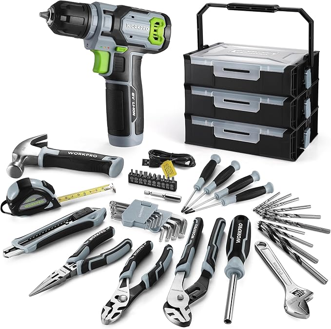 WORKPRO 43PCS Cordless Lithium-ion Drill Driver & Toolbox, 8V 2.0 Ah Power Drill Set with Household Hand Tool Kit, Battery Powered Screwdriver with Stackable Tool Box