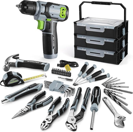 WORKPRO 43PCS Cordless Lithium-ion Drill Driver & Toolbox, 8V 2.0 Ah Power Drill Set with Household Hand Tool Kit, Battery Powered Screwdriver with Stackable Tool Box