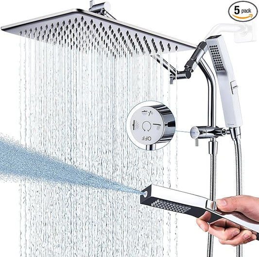 G-Promise All Metal 12 Inches Rain Shower Head with Handheld Built-in Power Wash Mode, 3-way Diverter with Pause Setting, 11 Inches Adjustable Extension Arm with Lock Joint, Long Hose (Chrome)