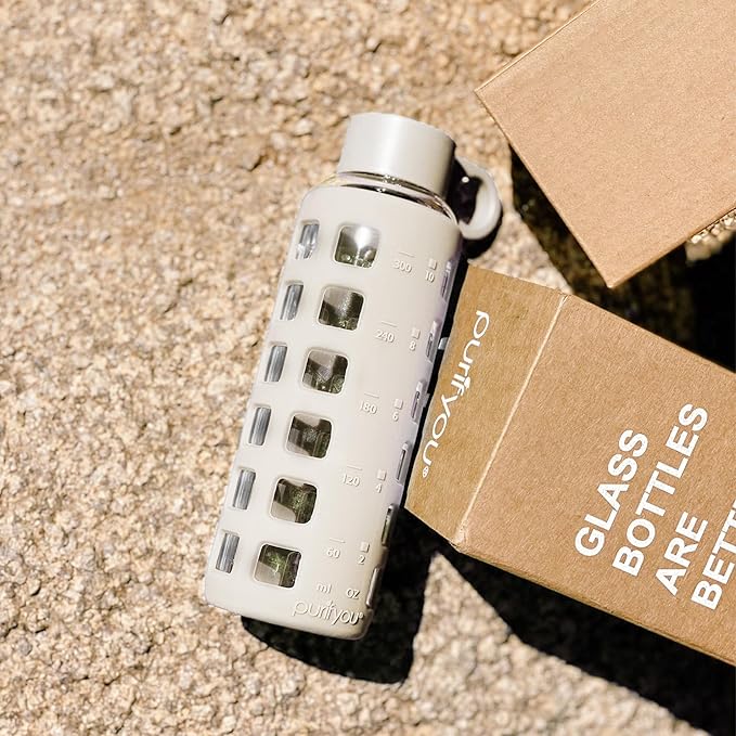 purifyou Premium Glass Water Bottles, 40/32 / 22/12 oz Reusable Drinking Bottle with Time & Volume Markings Silicone Sleeve & Stainless Steel Lid for Water, Coffee, & Fruit Juice (12oz Pearled Ivory)