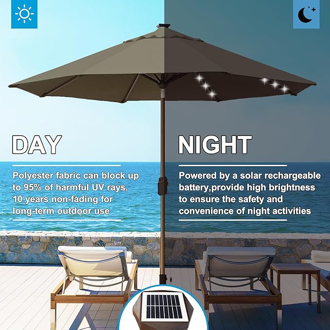 Eurmax USA 10-Year-Non-Fading 10Ft Solar Market Umbrella Outdoor Patio Umbrella Table Umbrella with LED Lights,8 Ribs,Hand Crank and Ventilation (Taupe)