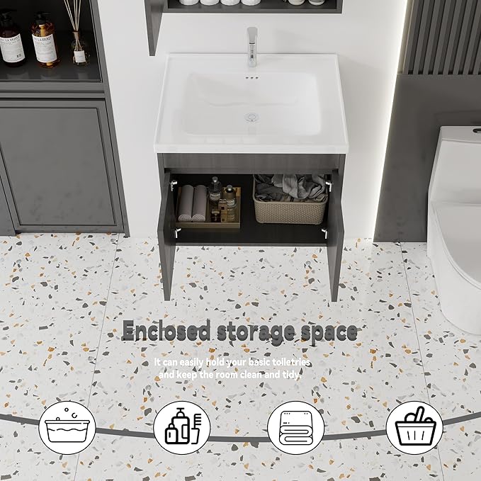 24'' Bathroom Vanity with Ceramic Sink Combo, Wall Mounted Small Bathroom Vanity with Soft-Close Door Modern Floating Cabinet, Pop-up Drain, P-Trap Included, GreyWalnut(No Faucet)