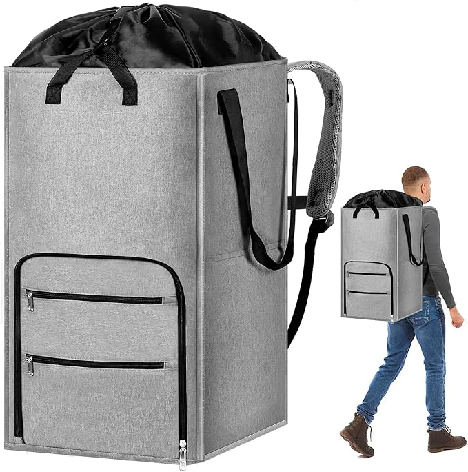 Extra Large Laundry Backpack College Men, Camp Travel, Heavy Duty Laundry Bag Hamper with Structure - Stand Itself and Easy Storage (Gray)