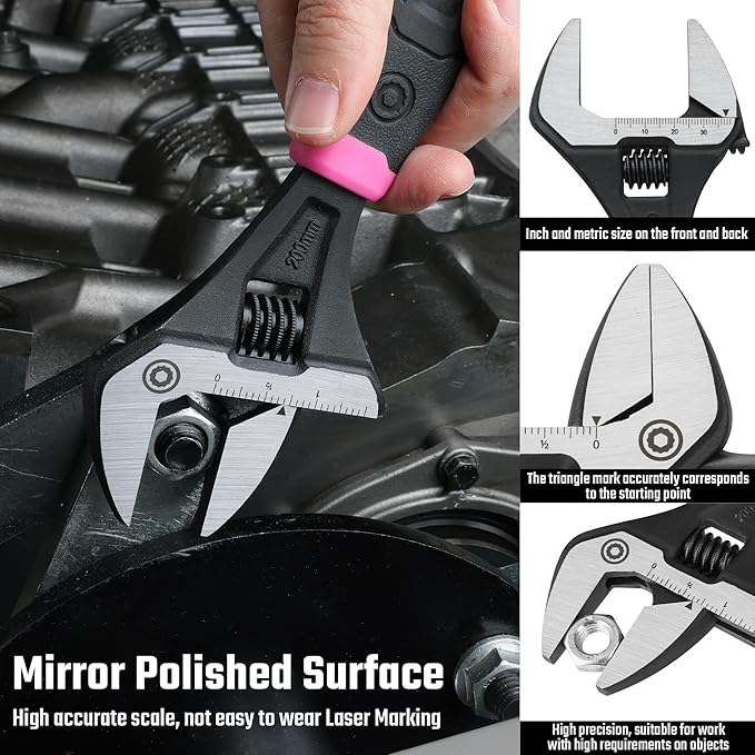 DURATECH 8-Inch Adjustable Wrench, Wide Jaw Opening Plumbing Wrench, CR-V Steel, SAE and Metric Scale Marked, Ergonomic Grip