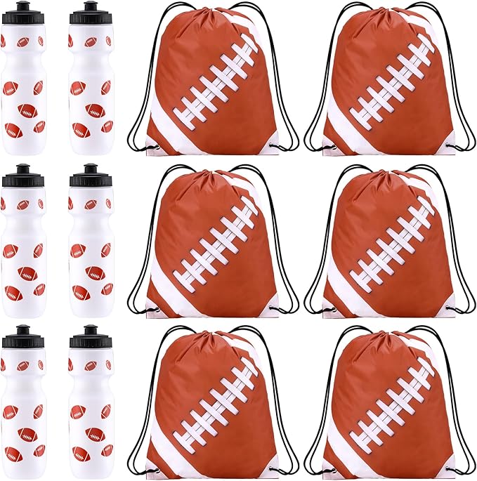 Football Party Favors 24 oz Football Water Bottle Gift for Football Team with Drawstring Bag Football Tumbler Cup Football Themed Accessories for Sports Events Gift Supplies(12 Pcs, Rugby Football)