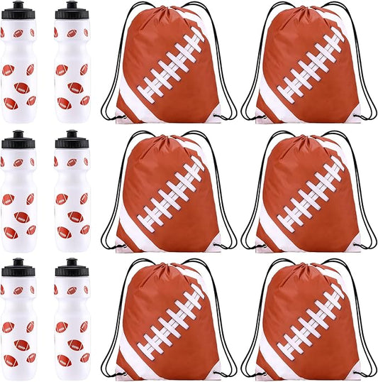 Football Party Favors 24 oz Football Water Bottle Gift for Football Team with Drawstring Bag Football Tumbler Cup Football Themed Accessories for Sports Events Gift Supplies(12 Pcs, Rugby Football)