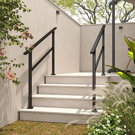 Handrails for Outdoor Steps, 54" x 36" Fits 3-4 Steps Stair Handrail & Indoor Stair Railing Kit, Metal Hand Rails for Stairs, Outdoor Handrail, Easy Install Stair Handrail, Black(1 Pack)