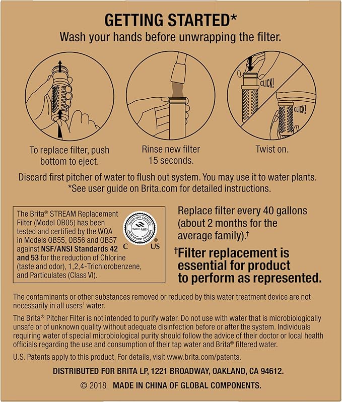 Brita Stream Pitcher Water Filter for Pitchers and Dispensers, BPA-Free, Replaces 1,800 Plastic Water Bottles a Year, Lasts Two Months or 40 Gallons, Includes 2 Filters