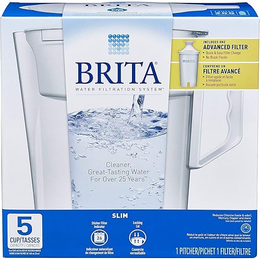 Britas Water Filter, Slim 5 Cup Capacity with 4 Filters (1 Pitcher with 4 Filter Pack)