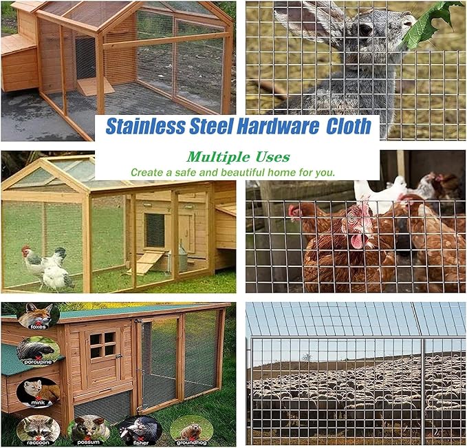 Stainless Steel Hardware Cloth Size:23Gauge 1/4inch 16inchx8Feet 304 Stainless Steel Welded Wire Mesh Supports Poultry Netting Cage Fence,Keep The Animals Out, Protecting New Plants