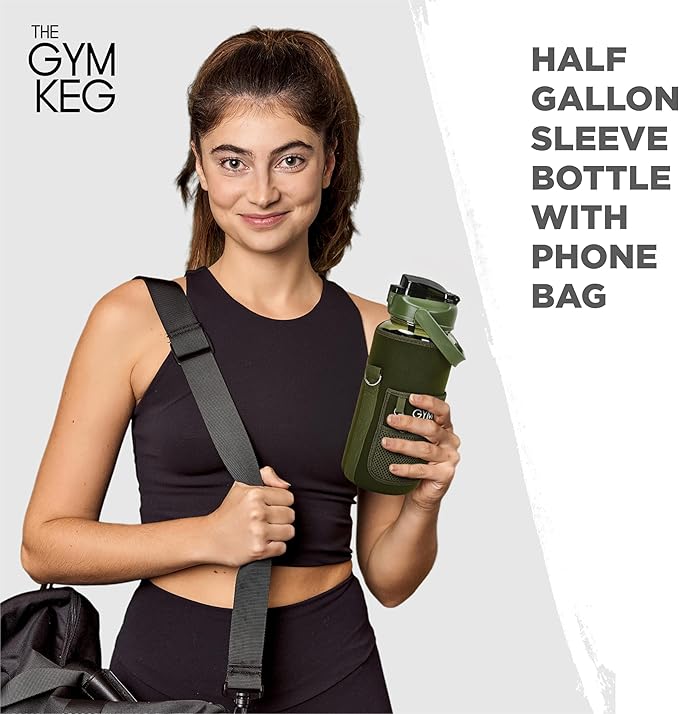 THE GYM KEG Water Bottle with Carrier - Sweat-Proof and Durable Silicon Bottle with Neoprene Sleeve - 74 oz Capacity - Hands-Free Storage Pockets - Water Bottle with Sleeve and Strap - Forest Green