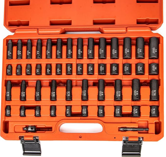 NEIKO 02436A 1/4 Drive Impact Socket Set 50 Piece Metric & Standard, Deep & Shallow Chrome Vanadium Steel 3/8” to 1/4” Reducer Hex Shank Adapter, 1/4 Socket Set Metric and Standard, Deep Socket Set