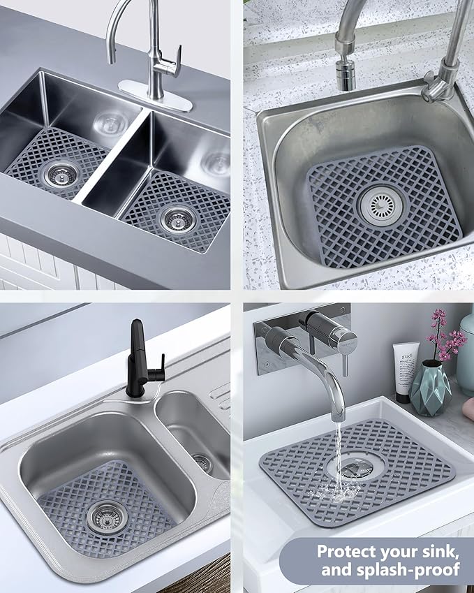 2 Pack Silicone Sink Protector for Kitchen Sink, Lozenge Pattern 12 x 11" Sink Grid Mat Silicone Protectors, Center Drain, Gray