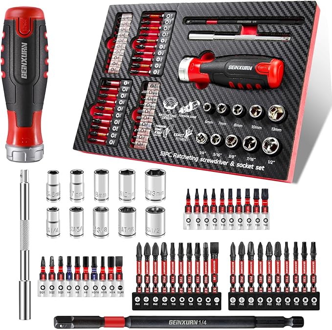 53Pieces Ratcheting Screwdriver Set, 12-in-1 1/4" Hex Shaft Magnetic Screwdriver Quick-Load Screwdriver Bits/Sockets and Adapter Multi-bit Screw Driver Repair Tool
