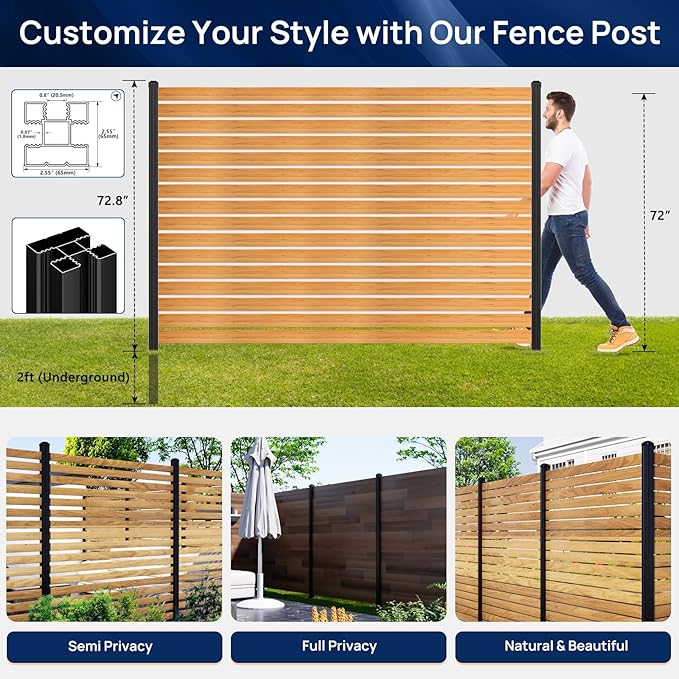 1 Pack 8FT Inground Aluminum Fence Posts for 6FT Privacy Panels, 3-Way Matte Black Wood Fence Posts, Rustproof & Weather-Resistant for Outdoor Use
