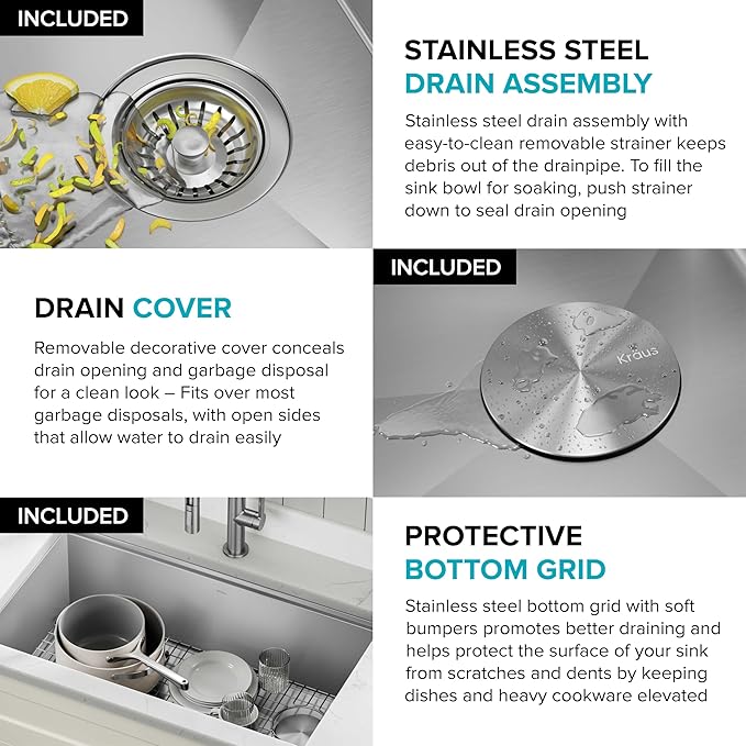 KRAUS Kore 28-Inch Undermount Workstation 16 Gauge Single Bowl Stainless Steel Kitchen Sink with Accessories, KWU110-28