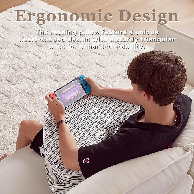 Heart-Shaped Reading Pillow, Lap Desk, Gaming Lap Pillow, Reading Cushion, Cushy Desk, Lap Pillow, Reading Cushion, Gaming Pillow, Book Pillow for Reading in Bed, Black & White Stripes