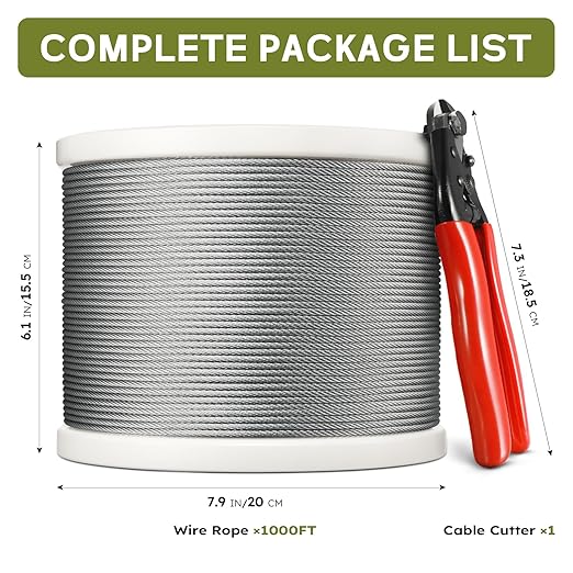 1000FT 1/8" T316 Stainless Steel Cable, Wire Rope Aircraft Cable for Deck Cable Railing Kit and DIY Balustrades, 7x7 Strands Construction, Comes with a Cutter