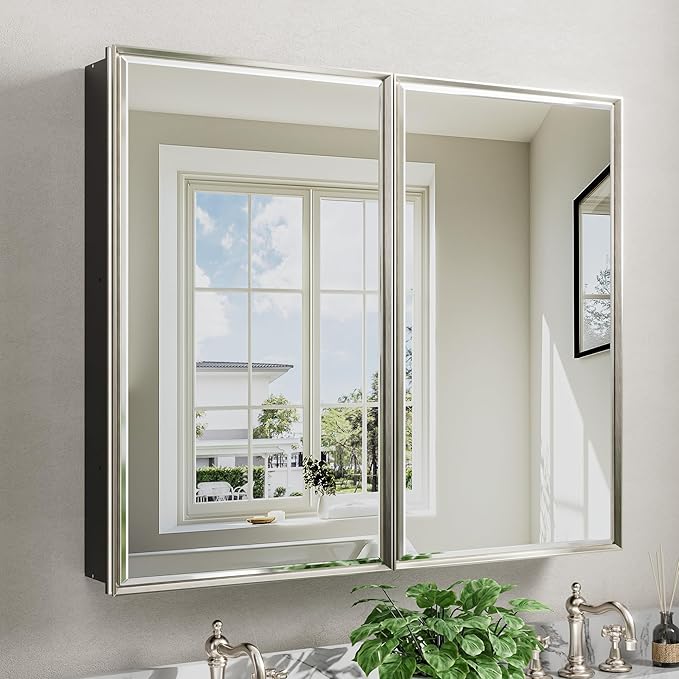 40x30 Brushed Nickel Medicine Cabinet, Recessed or Surface Large Framed Medicine Cabinet with 3 Beveled Mirror Door & Adjustable Shelves, Shatterproof, Pre-Assembled Bathroom Storage Cabinet