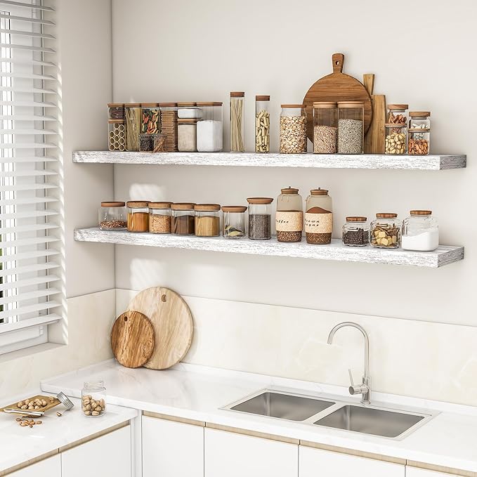 RICHFOCUS 72Inch Floating Shelves for Wall 2 Pack Shelves for Bedroom|Kitchen|Bathroom Wall Mounted Rustic Distressed Wood Floating Shelf with Invisible Brackets for Books|Storage|Decor, Rustic