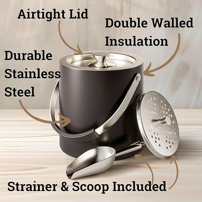 Insulated Ice Bucket with Lid, Strainer, Scoop & Handle - 3L Stainless Steel Double Wall Ice Bucket - Black Ice Bucket for Cocktail Bar - Ice Bucket with Scoop - Large Ice Buckets for Parties with Lid