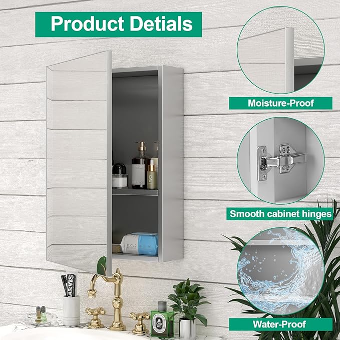 24 x 32 Farmhouse Medicine Cabinet for Bathroom, Silver Bathroom Mirror with Storage, Tempered Glass, Frameless Recessed or Wall Mount Aluminum Medicine Cabinet - Pre-Assembled