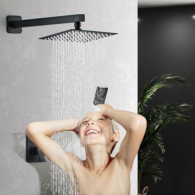 Shower Head Matte Black, Shower Faucet Set Bathroom Shower System with 8 inch Square Rain Shower Head Wall Mounted with 3-Setting Handheld Spray, Rainfall Shower Combo Set