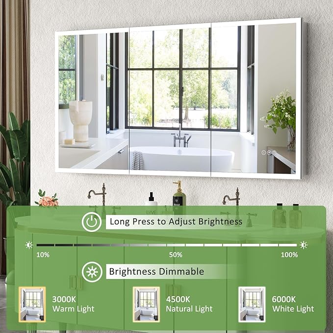 Medicine Cabinet with Lights, Bathroom LED Mirror Cabinet with Storage, Anti-Fog & 3 Color Lights, Recessed or Wall Mounted (60X32 in)