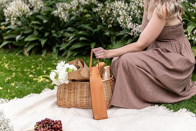 NEW Salute Wine Bottle Carrier with Corkscrew | Vegan Leather Tote Gift Bag Corporate Gift idea Picnic Travel Tastings Wine Gift Beach Party BYOB Restaurant Valentines Day (Tan)