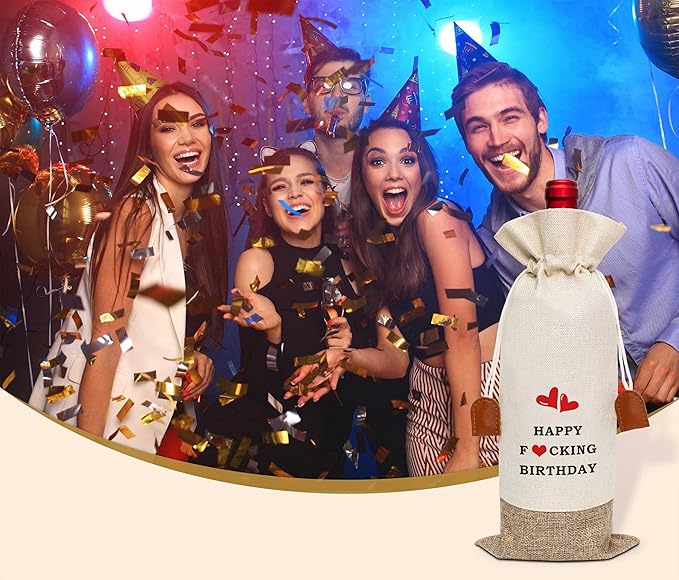 Funny Birthday Wine Bag, Cotton Linen Wine Gift Bag With Drawstring, Wine Champagne Bottle Gift Bag, Birthday Gifts Ideas for Men Woman Her Girl Friend Sister, Birthday Party Favors-34