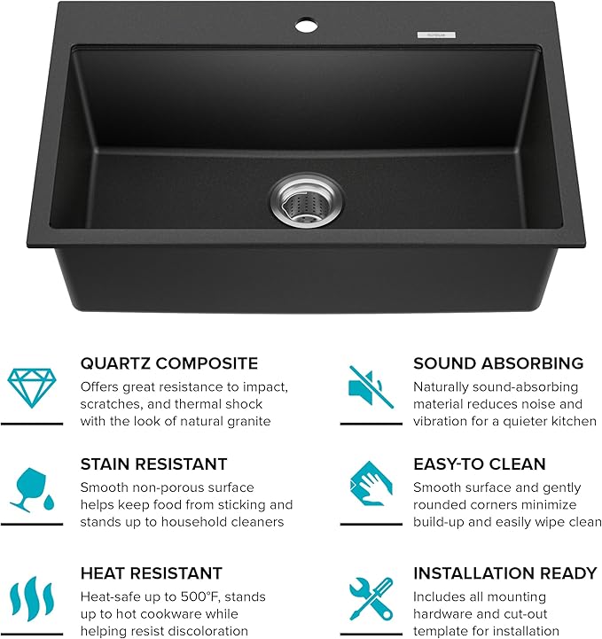 KRAUS Quarza 31-inch Drop-In/Undermount Single Bowl Granite Kitchen Sink in Black Onyx, KGD-412B