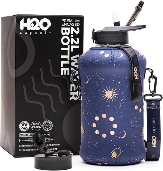 H2O Capsule 2.2L Half Gallon Water Bottle with Storage Sleeve and Covered Straw Lid – BPA Free Large Reusable Drink Container with Handle - Big Sports Jug, 2.2 Liter (74 Ounce)