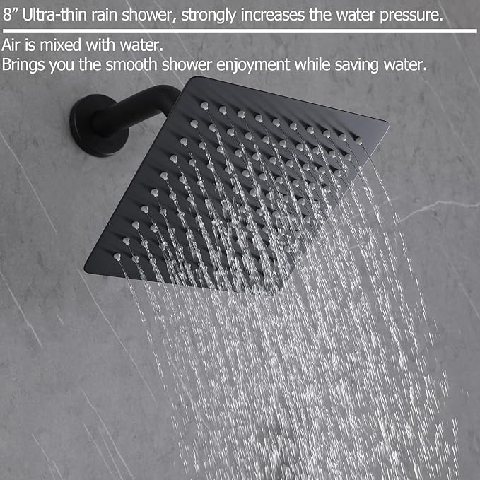 2 Handles Shower Faucet Set,Two Handle Shower with 8'' Stainless Steel Shower Head Combo Set,Single Function Shower Trim Kit with Rough-in Valve,Matte Black