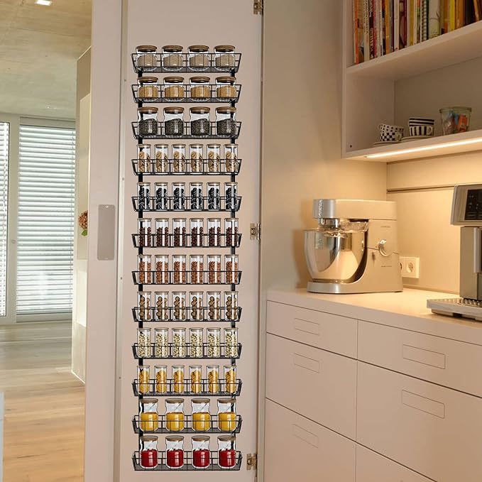 SWOMMOLY Adjustable Wall Mount Spice Rack Organizer, 12-Tier Dual-use (Multi-use) Hanging Spice Shelf Storage for Kitchen Pantry Cabinet Door, Seasoning Holder Organizer, Black