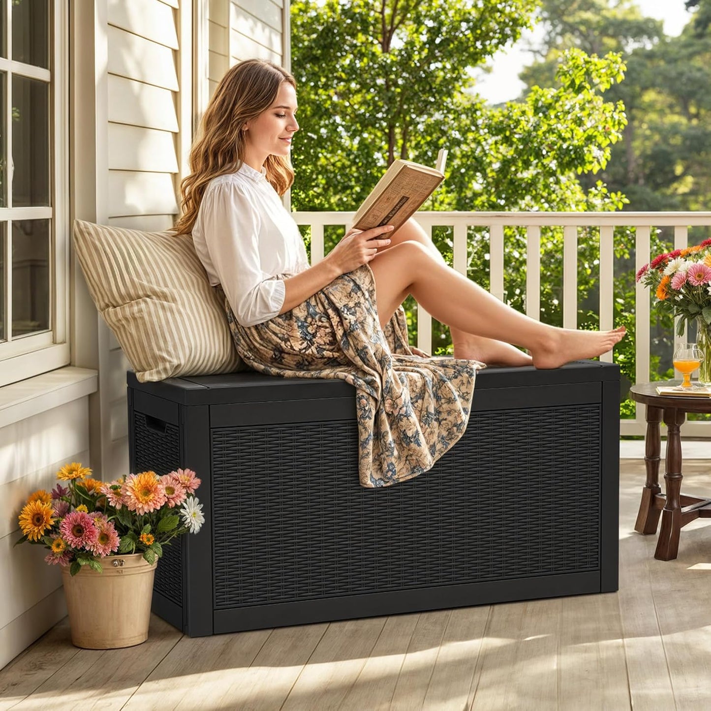 YITAHOME 60 Gallon Resin Deck Box, Weather Resistant Outdoor Rattan Storage Box, Lockable Indoor Outdoor Storage for Supplies and Essentials, Black