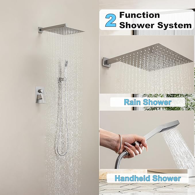 Shower Faucet Set, Shower System with 10 Inch Rain Showerhead and Handheld Shower, Wall Mounted High-Pressure Showerhead Combo Set Included Valve and Trim, Brushed Nickel