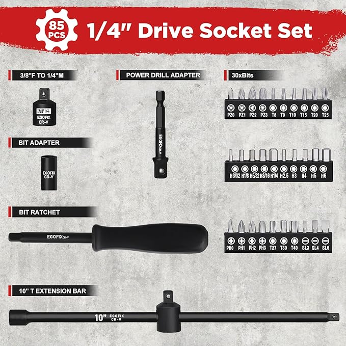 1/4" Socket Set 85 Piece, Metric Shallow/Deep Sockets (4-15mm) and SAE Shallow/Deep Sockets (5/32-9/16), Screwdriver Bit Set, Tool Kit for Home Use and Automotive Repair