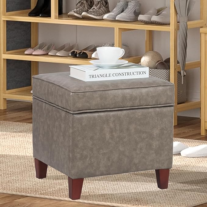 Adeco 17.5" Square Faux Leather Ottoman with Storage - Upholstered PU Foot Rest - Flip Top Footstool with Sturdy Wood Legs, Small Cube Coffee Table Extra Seat for Living Room, Bedroom, Coffee Brown