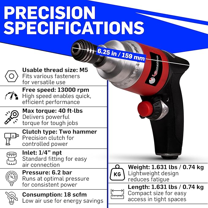 LE LEMATEC Professional Air Impact Driver - 13000 RPM Pneumatic Wrench with Twin Hammer, 40 ft-lbs Torque, 1/4" NPT Compact Tool for Automotive, Furniture & Woodworking (LE-ID413)