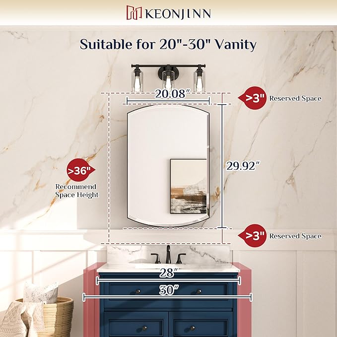 Keonjinn White Medicine Cabinet with Mirror 20” x 30”, Metal Framed Wall Cabinet with Beveled Mirror, Surface Mount or Recessed Medicine Cabinet for Bathroom, Bathroom Mirror with Storage