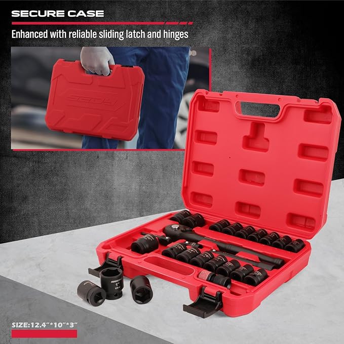 1/2" Drive Socket Wrench Set: 25-Piece SAE & Metric Impact Socket Ratchet Wrench Tool Set Socket Assortment with Storage Box for Repair Mechanic Garage