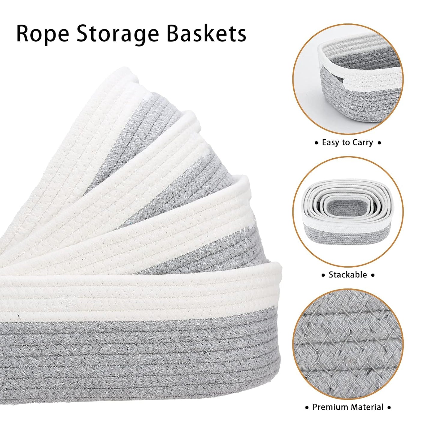 7 Piece Cotton Rope Woven Basket Set - Small Basket for Baby Nursery, Pets, Montessori, Dog & Cat Toy Boxes, Bathroom Organization Bins (White/Gray)