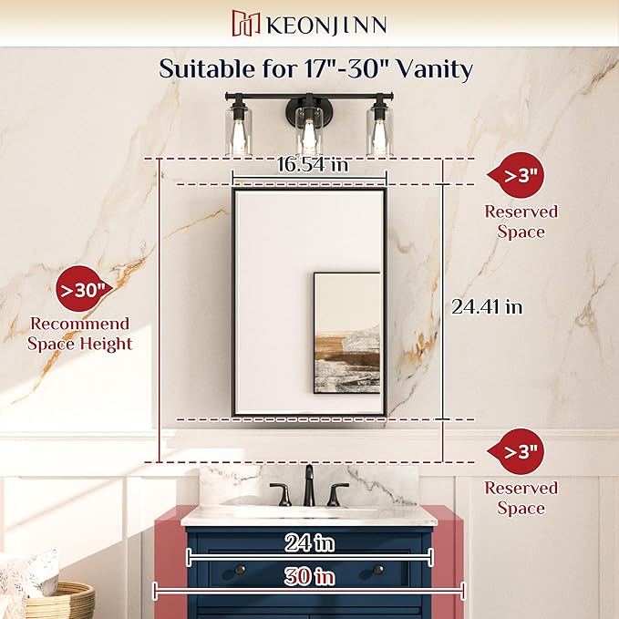Keonjinn 17" x 25" Gold Medicine Cabinets with Mirror for Bathroom, Recessed or Surface Wall-Mounted Aluminum Alloy Framed Beveled Mirror, Single Door Farmhouse Bathroom Mirror with Storage Cabinet