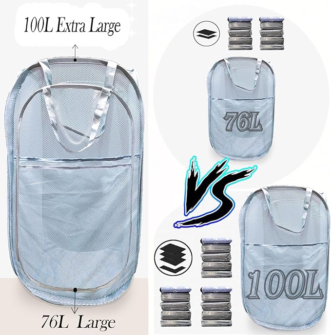 Extra Large Mesh Pop Up Laundry Hamper 2 Pack, 100L Foldable Laundry Baskets, Dirty Clothes Hamper with Pocket, Collapsible Hampers for Travel, Dorm or Home. Grey H+V