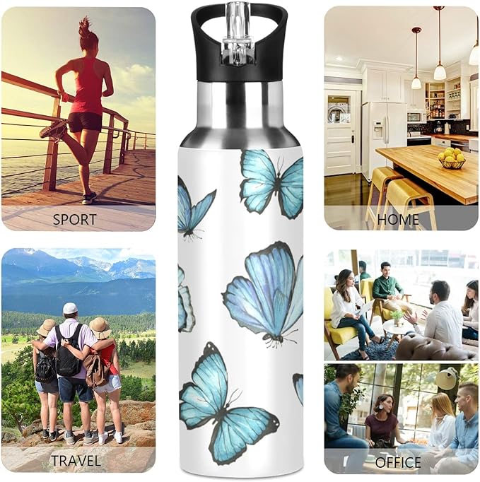 Qilmy Black and White Leopard Water Bottle Vacuum Insulated Stainless Steel Water Bottles with Straw Lid Leakproof Wide Mouth Water Flask for Fitness Outdoor Sports, 20 oz