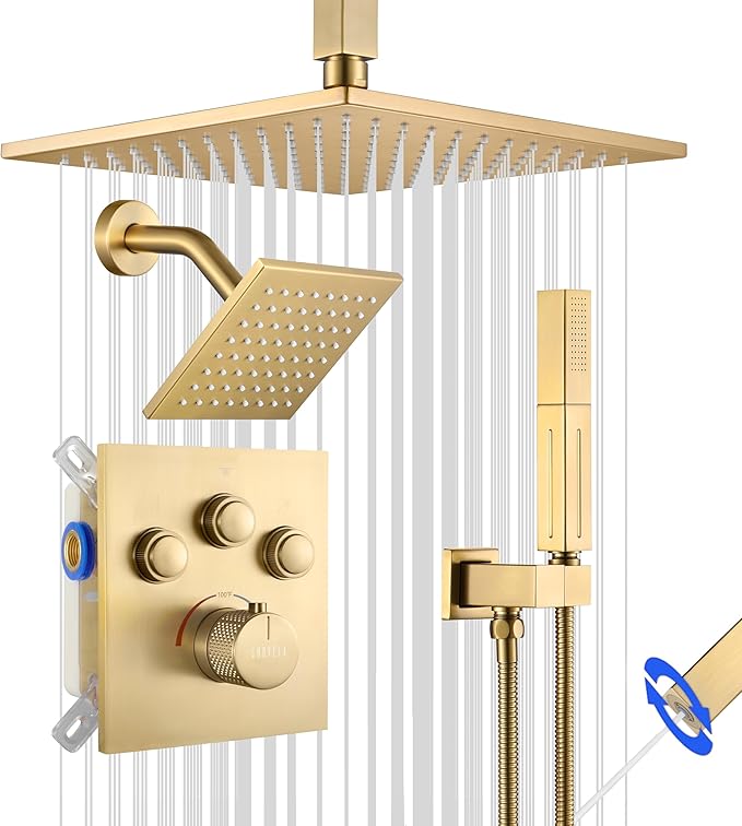 Thermostatic Shower System Brushed Gold, Push Button Diverter Shower Faucet with 2 in 1 Handheld, Ceiling Mount 12 Inch Shower Head with 6 Inch Wall Mount Shower Head